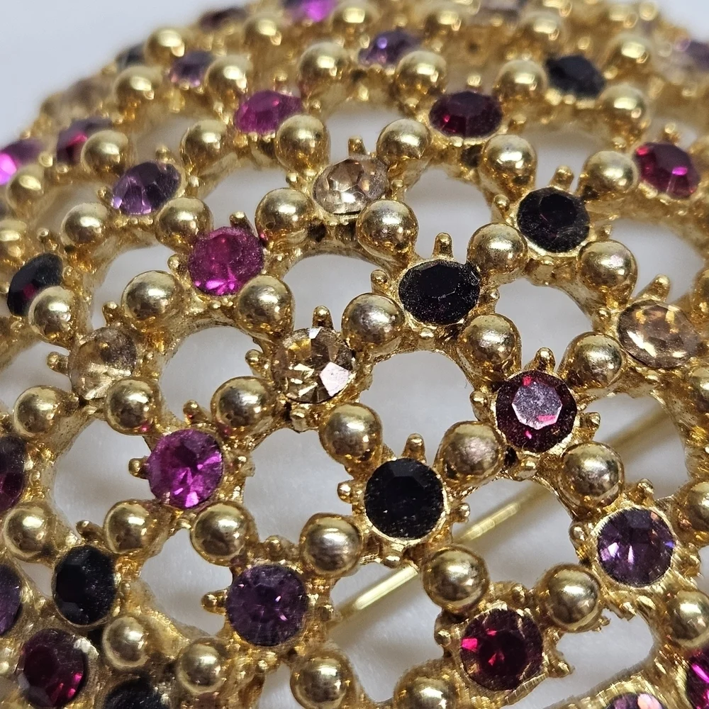 VINTAGE Multi Color Glass Rhinestone Gold Tone Dome Brooch Pin Signed